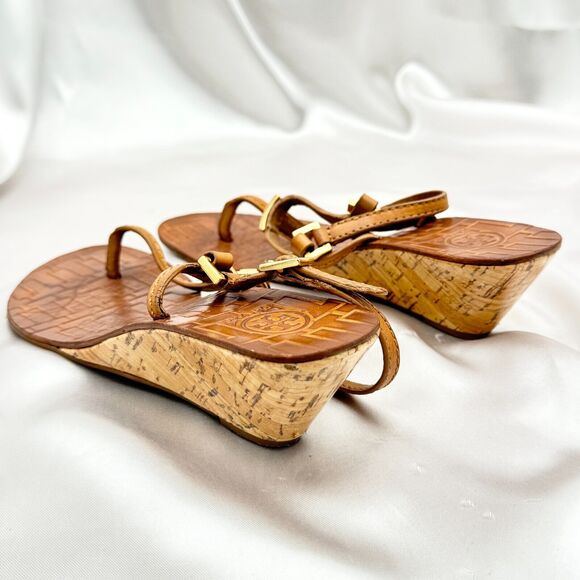 Tory Burch Pauline Tan Leather Demi Wedge Slingback Thong Size 6 M Sandals - Picture 2 of 15